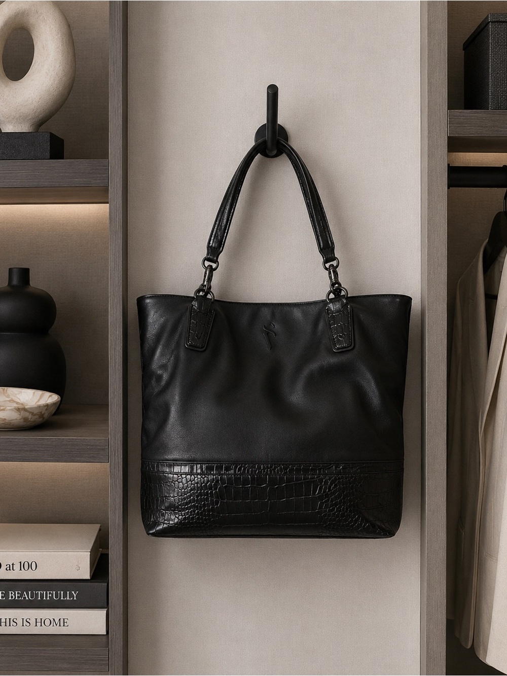 Simply Vera Vera Wang Black Tote Bag with Croc Embossed Trim